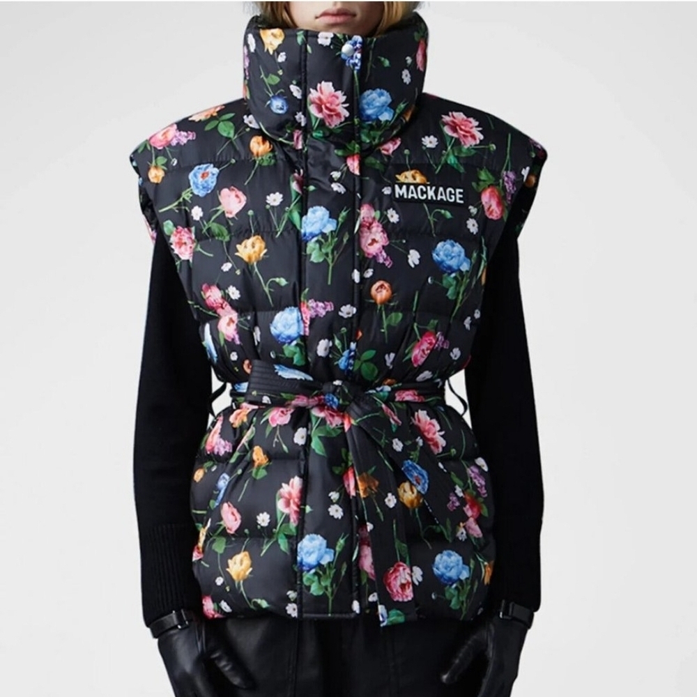 Mackage Zerina Down Floral Print Vest with Belt